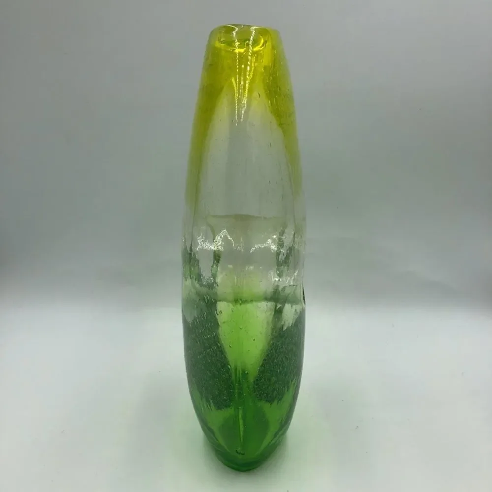 Vintage Ombre Yellow Green Clear Handblown Glass Tabletop Art Vase Décor Indoor